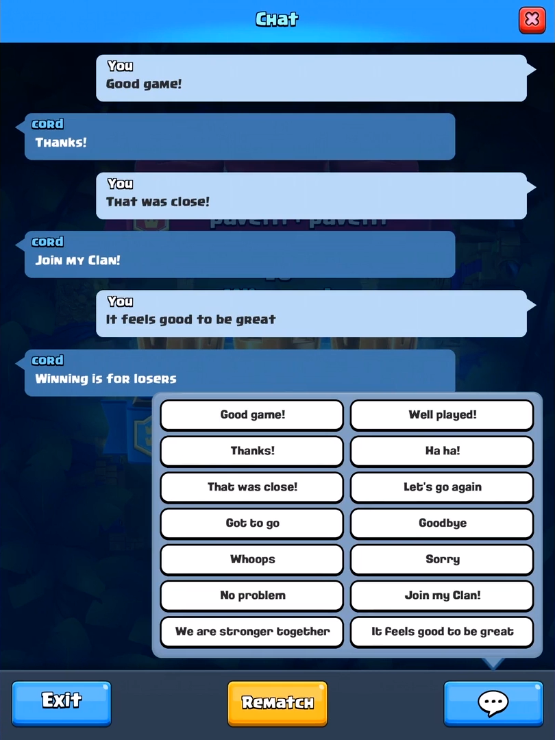 Окно чата 2 на 2 в Clash Royale