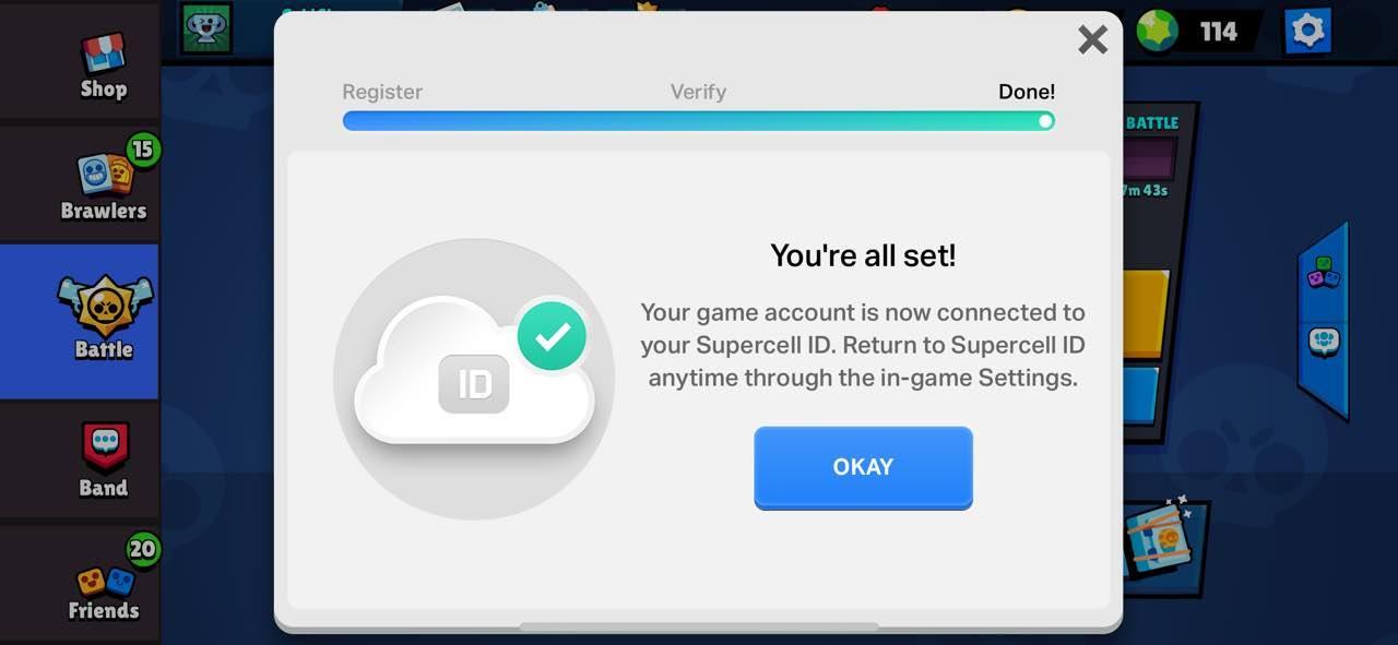 Успешная регистрация Supercell ID в Brawl Stars