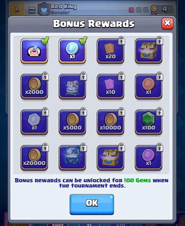 Бонусные награды за 100 гемов в Clash Royale