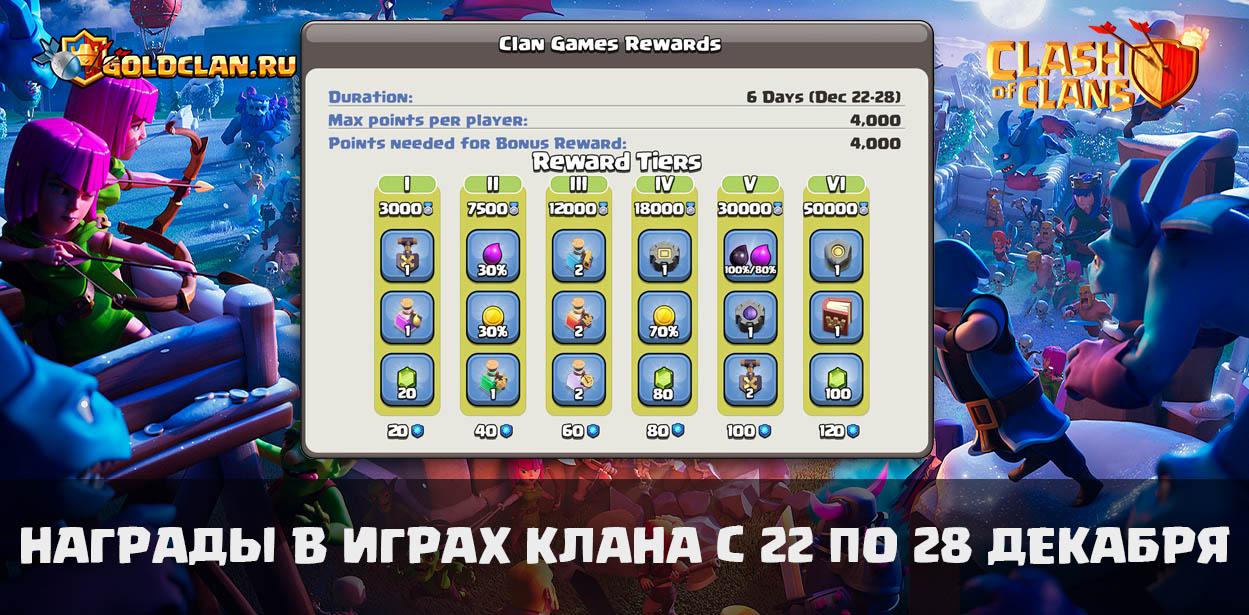 Награды в играх клана с 22 по 28 декабря в Clash of Clans