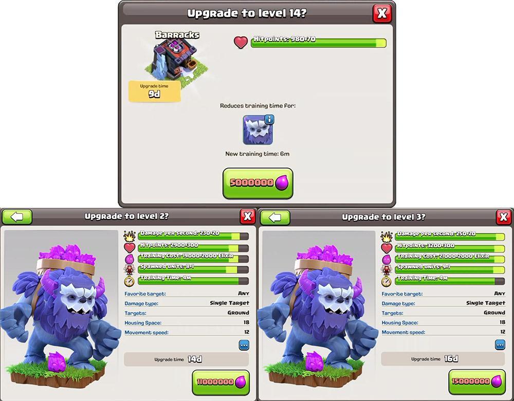 Стоимость улучшения Йети в Clash of Clans