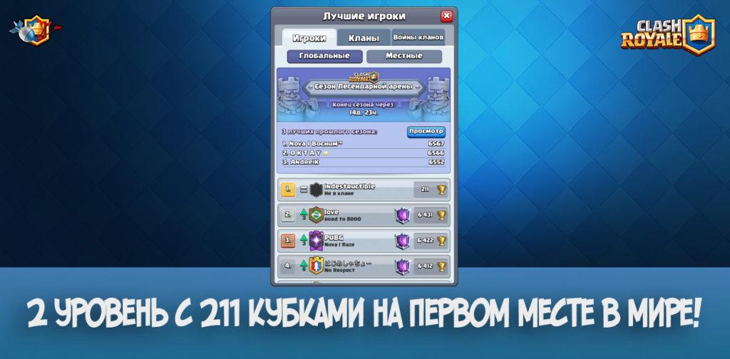 2 уровень с 211 кубками на первом месте в мире!