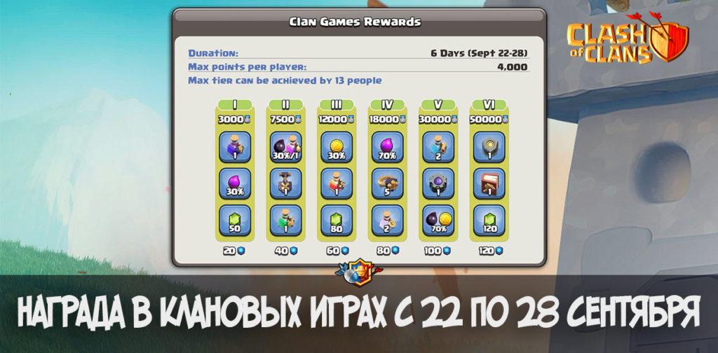 Награды игр кланов с 22 по 28 сентября в Clash of Clans